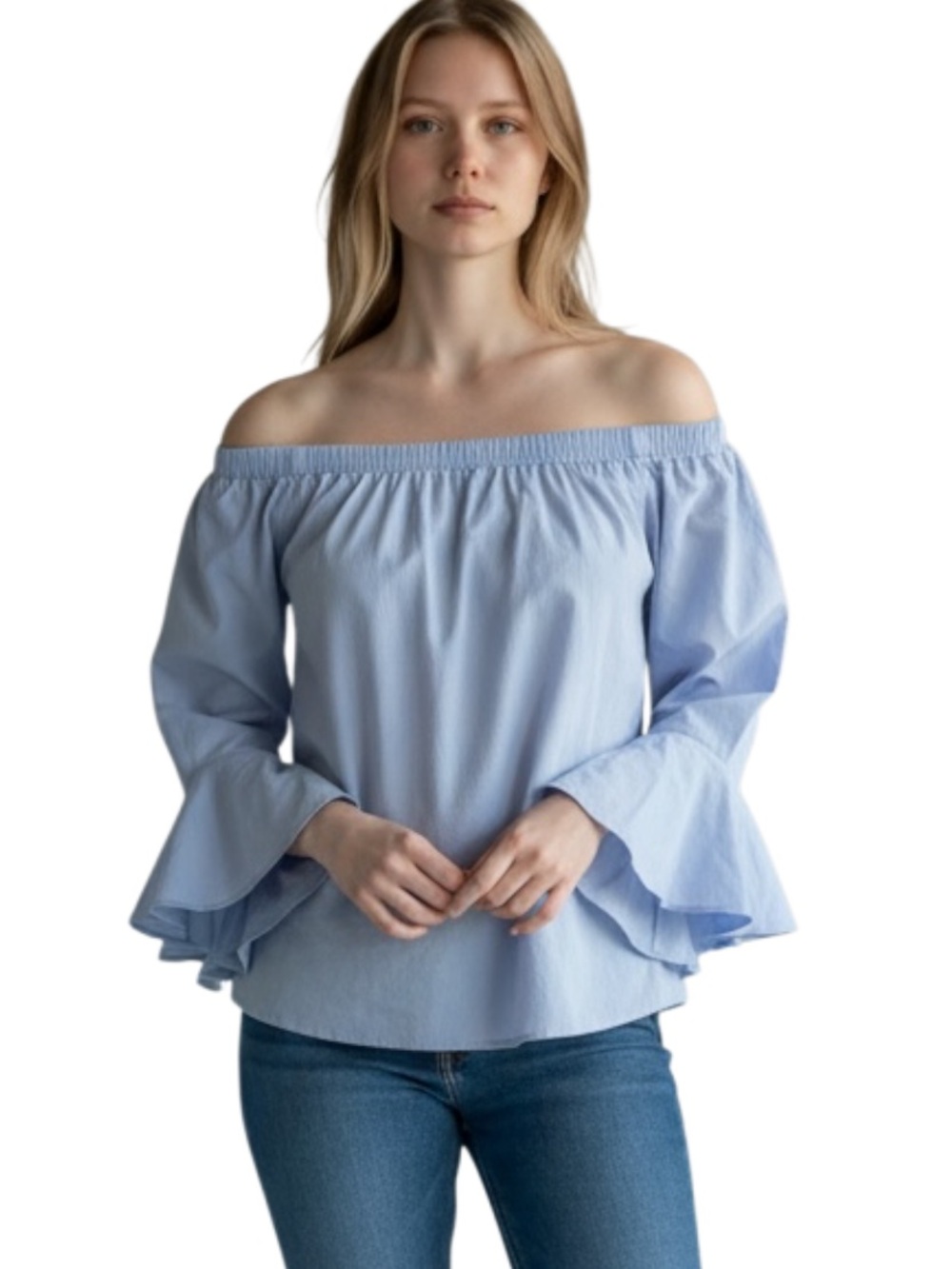 mine Light Blue Off-Shoulder Bell Sleeve Blouse